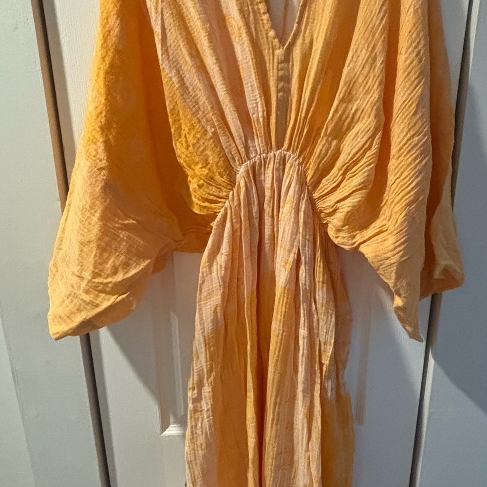 Anthropologie Orange Gathered-Waist Caftan Maxi Dress